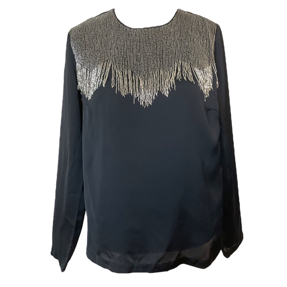 Sandro Black Beaded Tassel Long Sleeve Top Size Small